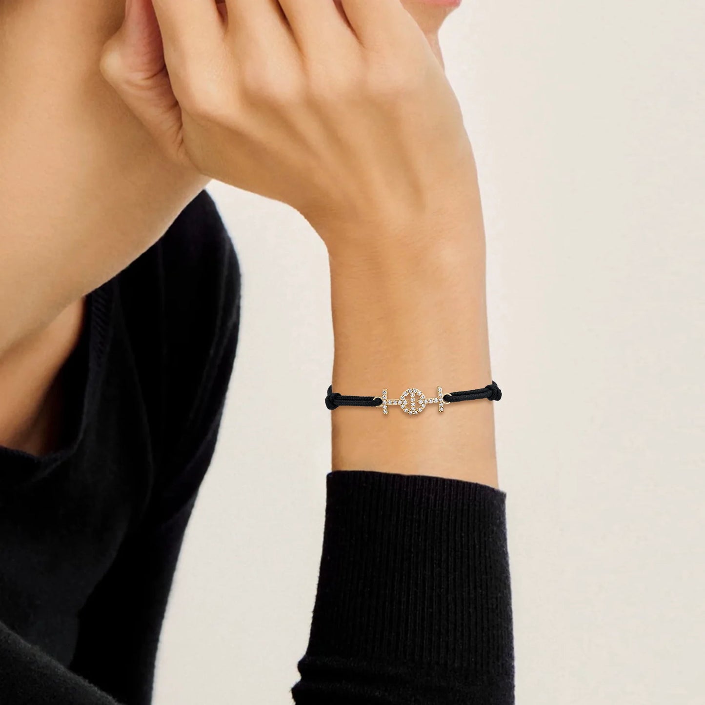 CHALLENGE Cord Bracelet in Black Cord in Yellow Gold with Diamonds